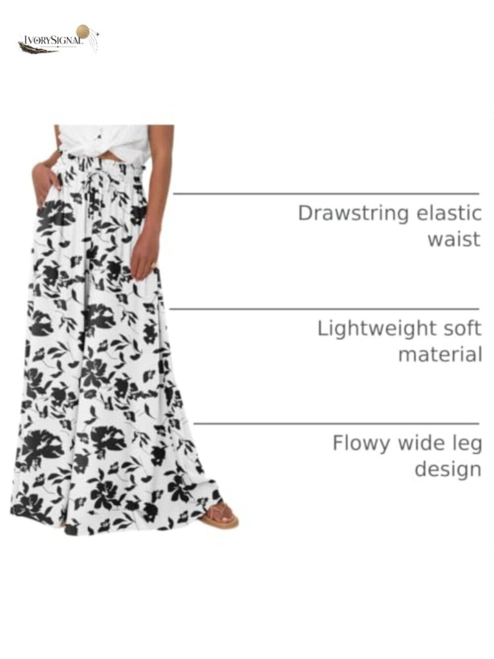 Women's Flowy Wide Leg Palazzo Pants with Drawstring Waist and Side Pockets - Picture 3 of 6